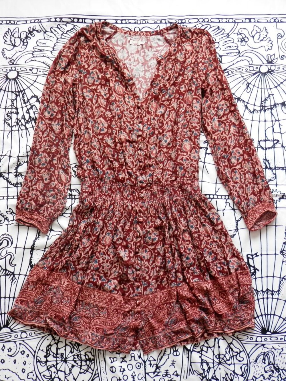 Faherty Montara Boho Floral Paisley Printed Blouson Smocked Mini Dress, Size S